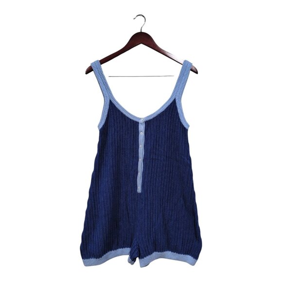 Rue Stiic Free People Women Rosie Knit Romper Blue Button Sleeveless Casual Sz L - Picture 1 of 16